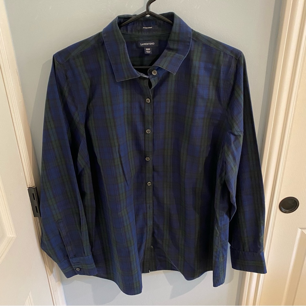Lands' End Men's Blue and Green Plaid Shirt